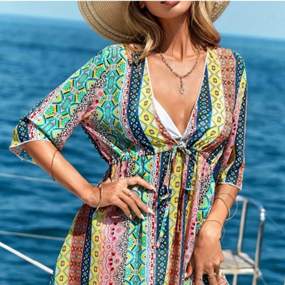 Geometric Print Tassel Trim Drawstring Beach Swimsuit Cover Up (XL - 12) NWT - Picture 2 of 4